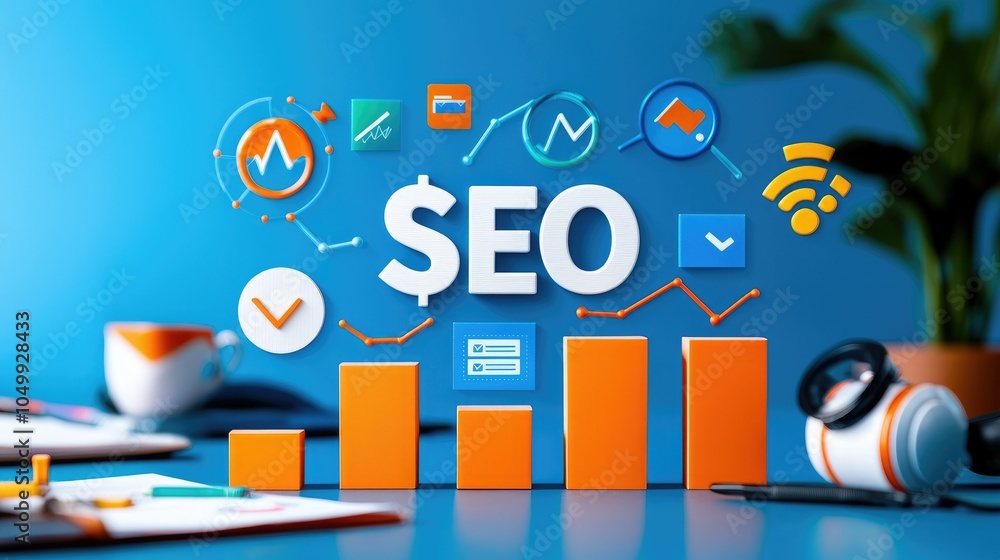 Poster bright workspace with seo metrics displayed