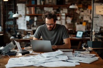 Fototapeta premium A focused man with glasses works at his laptop, surrounded by papers on a cluttered desk, suggesting creativity, technology, and productivity in a modern setting.