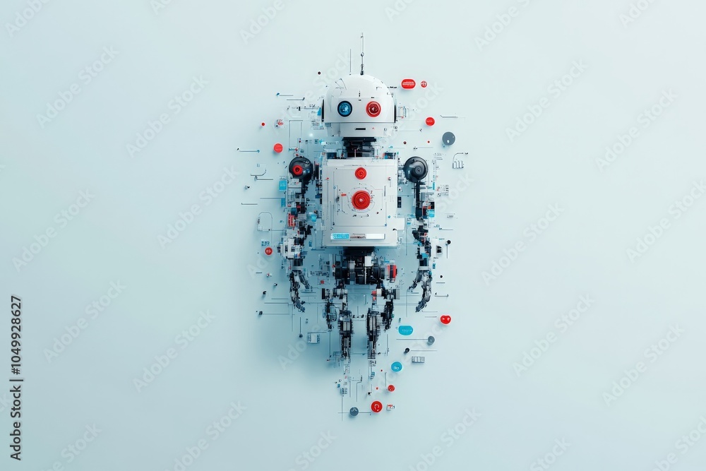 Poster An artistic depiction of a robot with visible circuits and mechanisms displayed on a clean white background, embodying creativity and technological design.