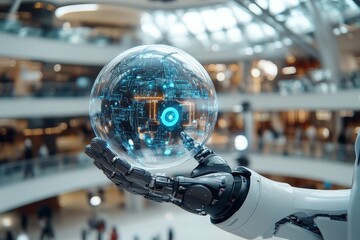 A robotic hand is holding a futuristic glowing sphere, depicting advanced technology and innovation in a modern, high-tech shopping mall environment.