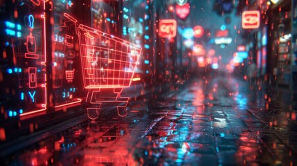 Obraz premium Conceptualize a neon exhibit of e-commerce symbols, featuring shimmering shopping