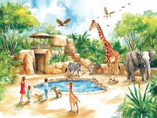 Watercolor illustration of a zoo with a giraffe, zebra, elephant, and a pond.