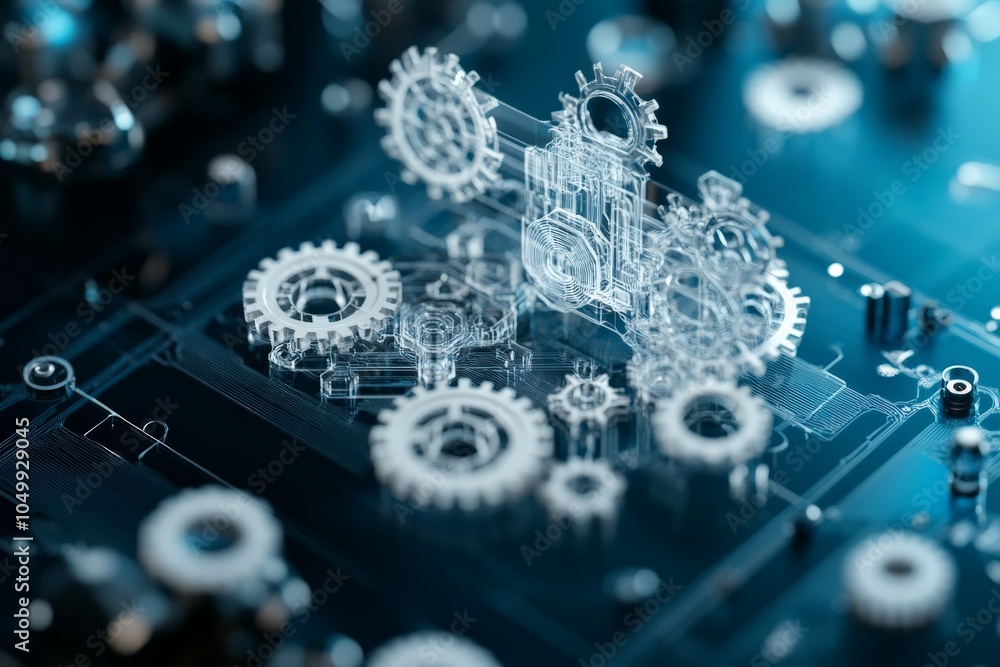 Poster a close-up view of transparent gears meshing within a digital space, representing the concepts of te