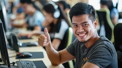 Satisfied Client Giving Thumbs Up in Office Environment