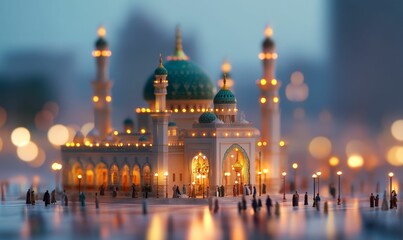 Obraz premium Nighttime mosque miniature with people walking.