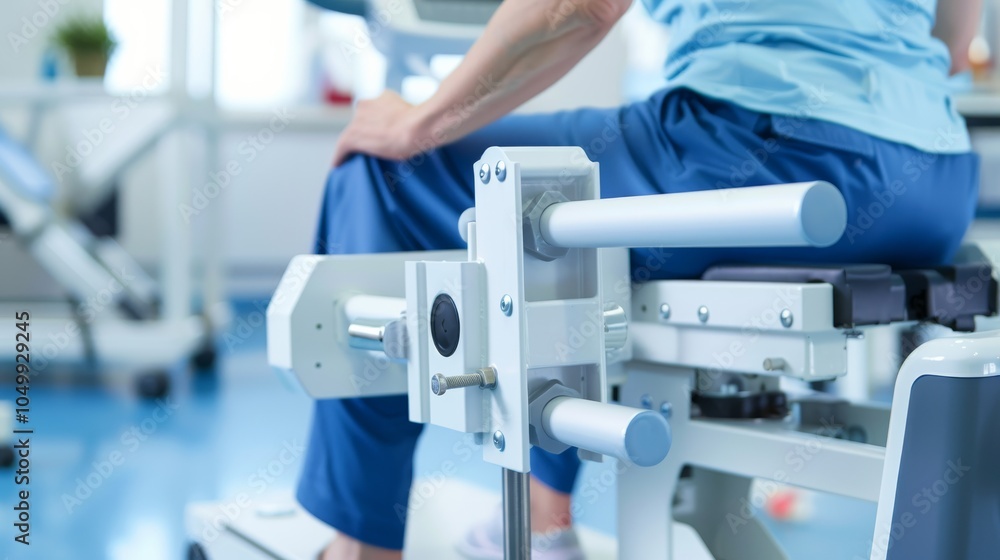 Poster a detailed image of a patient using a physical therapy machine with focus on the machine��s settings