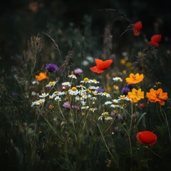 Obraz premium Wildflower meadow, moody dark background, white daisies, red poppies, orange marigolds, soft focus, dreamy atmosphere, vintage film aesthetic, square format, low light photography, botanical diversity