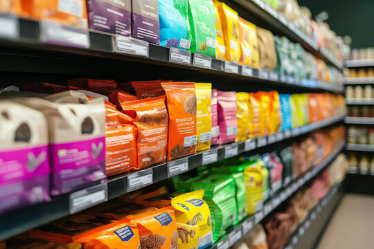 Vibrant setting of a pet store shelf stacked with colorful packages of pet food.