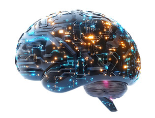 Futuristic electronic brain with glowing circuits, isolated on transparent cutout background