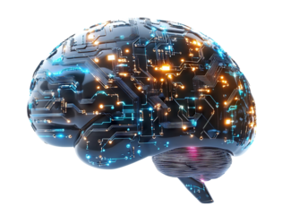 Futuristic electronic brain with glowing circuits, isolated on transparent cutout background