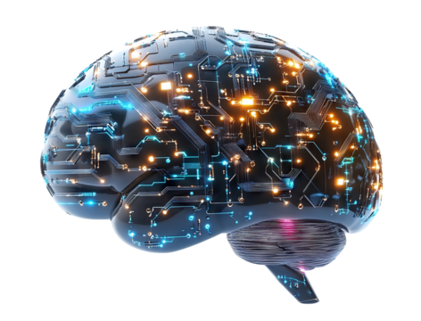 Futuristic electronic brain with glowing circuits, isolated on transparent cutout background