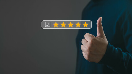 A hand giving a thumbs-up gesture, symbolizing approval and five-star ratings. Ideal for customer...