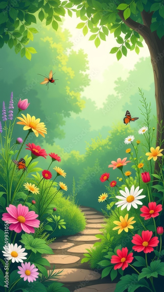 Poster a colorful garden with a path leading through it