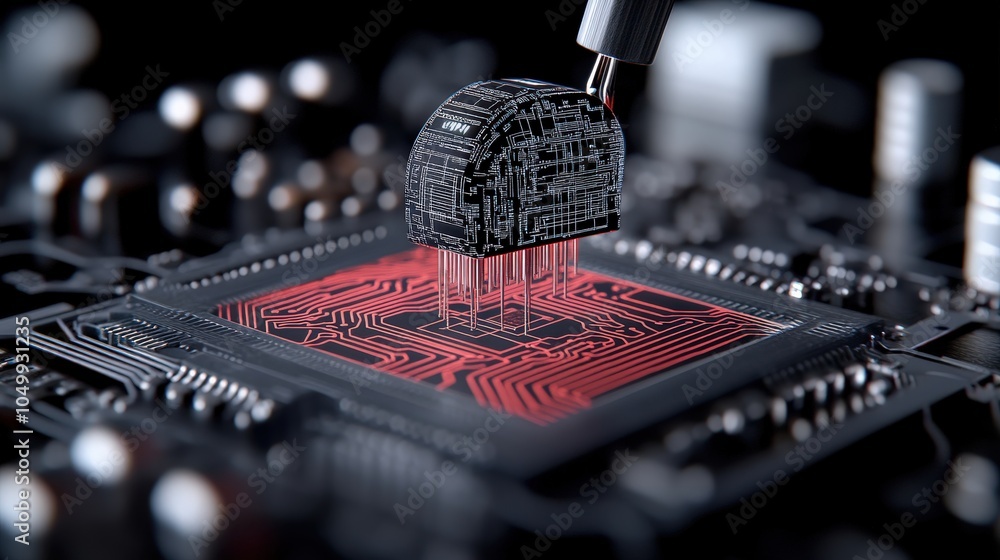 Poster futuristic circuit board with processor chip and red traces