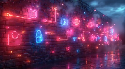 Craft a neon display of computer education symbols, featuring shining