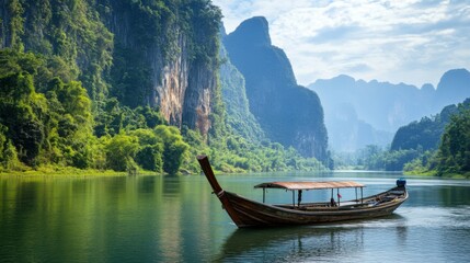 Fototapeta premium Traditional Lao fishing boat on the Nam Song River, with the backdrop of towering limestone