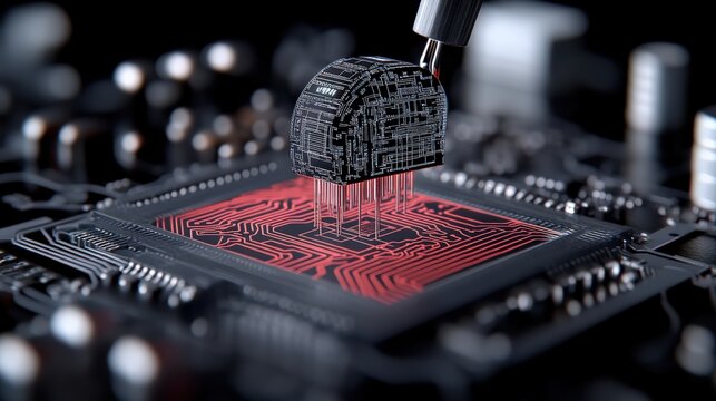 Futuristic Circuit Board with Processor Chip and Red Traces