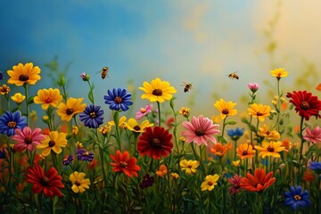 Fototapeta premium Bright Floral Landscape with Bees in Springtime Bloom