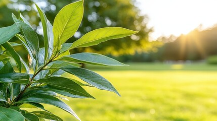 Obraz premium Green Leaves Close Up in Summer Park with Bokeh Background