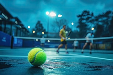 Nighttime tennis match with focus on a bright yellow ball