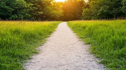 Obraz premium Serene Pathway Through Lush Greenery at Sunset