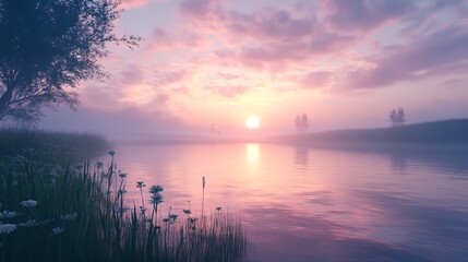 Obraz premium a beautiful sunset over a lake with a tree and flowers in the foreground