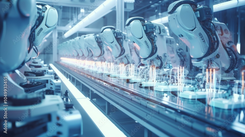 Poster an automated assembly line showcases advanced robot manipulators engaged in the production of high-t