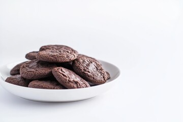 Fototapeta premium Stack of Dark Chocolate Chip Cookies on White Plate with a Close-up View