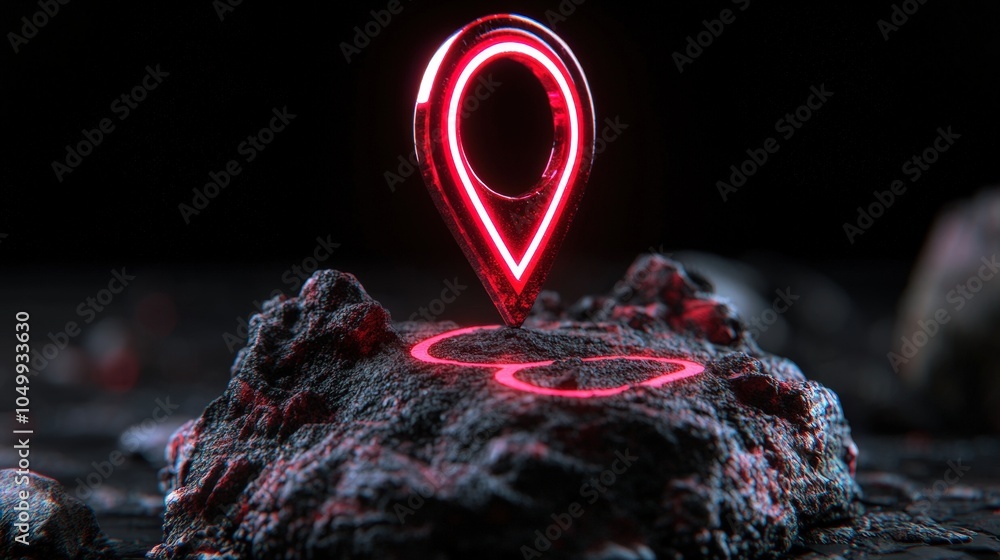 Aufkleber glowing red pin marker on digital map with path location icon on rocky terrain