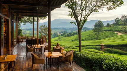 Fototapeta premium Traditional Muzangchai tea houses offering freshly brewed tea with views of the