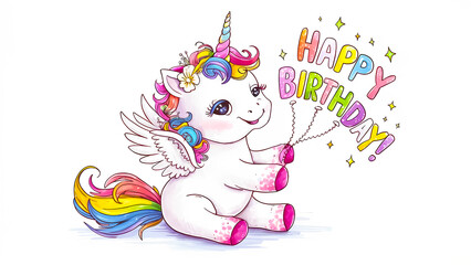 Obraz premium Charming unicorn with colourful sparkling horn, and 'happy birthday' balloons on a white background for children's greeting cards