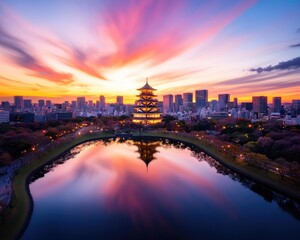 Fototapeta premium Sunset Over Osaka Castle and Reflective Moat Scene