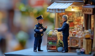 Obraz premium Miniature scene with police officer and store owner.