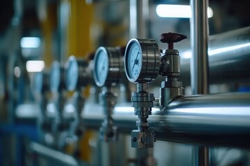 Fototapeta premium Complex arrangement of stainless steel pipes, valves, and gauges inside a well-lit industrial facility, showcasing advanced engineering for efficient operations