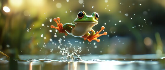 Illustrate a whimsical birds-eye view of a cartoonish frog leaping joyfully across a sparkling pond, with water droplets suspended in the air