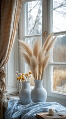 Elegant arrangement of dried pampas grass in a modern living room with large windows