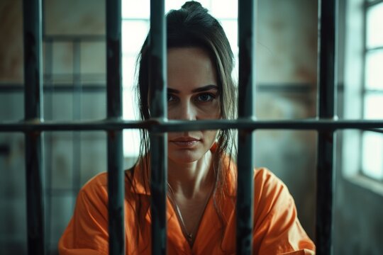 A female prisoner wearing an aged orange uniform stands behind metal bars, looking directly at the camera with a serious expression in her prison cell