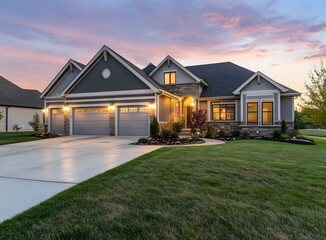 Modern aesthetic luxury house at dusk. Sunset photo of a modern home.