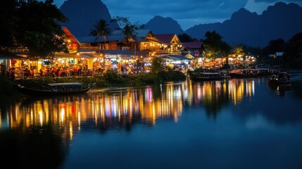 Vibrant night scene in Vang Vieng with local restaurants and bars lit up, reflecting on the