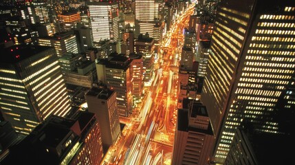 Fototapeta premium Glowing Dusk: Ultra-Detailed Panoramic City Skyline with Illuminated Financial District Buildings and Busy Traffic Below