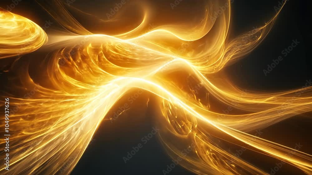 Poster abstract waves of light create a vibrant gold pattern against a dark background