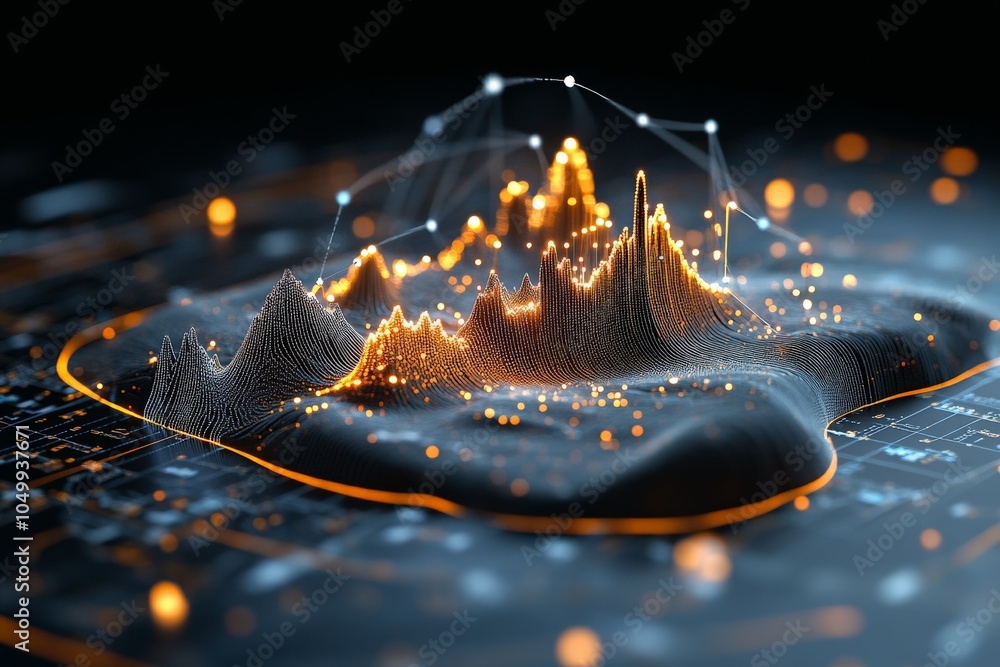 Poster a 3d abstract representation of data with glowing orange nodes connected by lines, forming peaks and