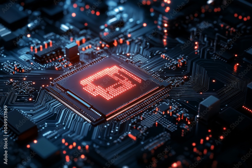 Poster the image showcases a detailed view of a cutting-edge circuit board, featuring intricate pathways an