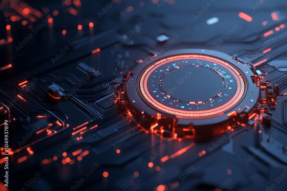 Aufkleber a stylized image featuring a circular piece on a circuit board illuminated by red led lights, repres