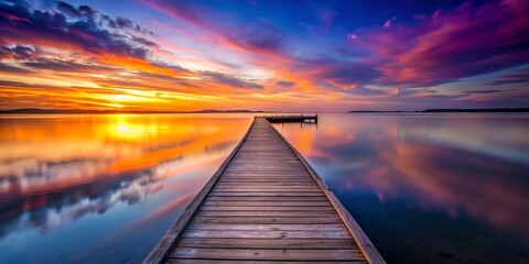 Obraz premium Serene Wooden Boardwalk Over Calm Water at Sunrise | Long Exposure Photography of Nature's Beauty, Tranquility, and Scenic Landscapes