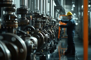 A team of engineers is examining the plumbing and water valves inside an industrial facility 