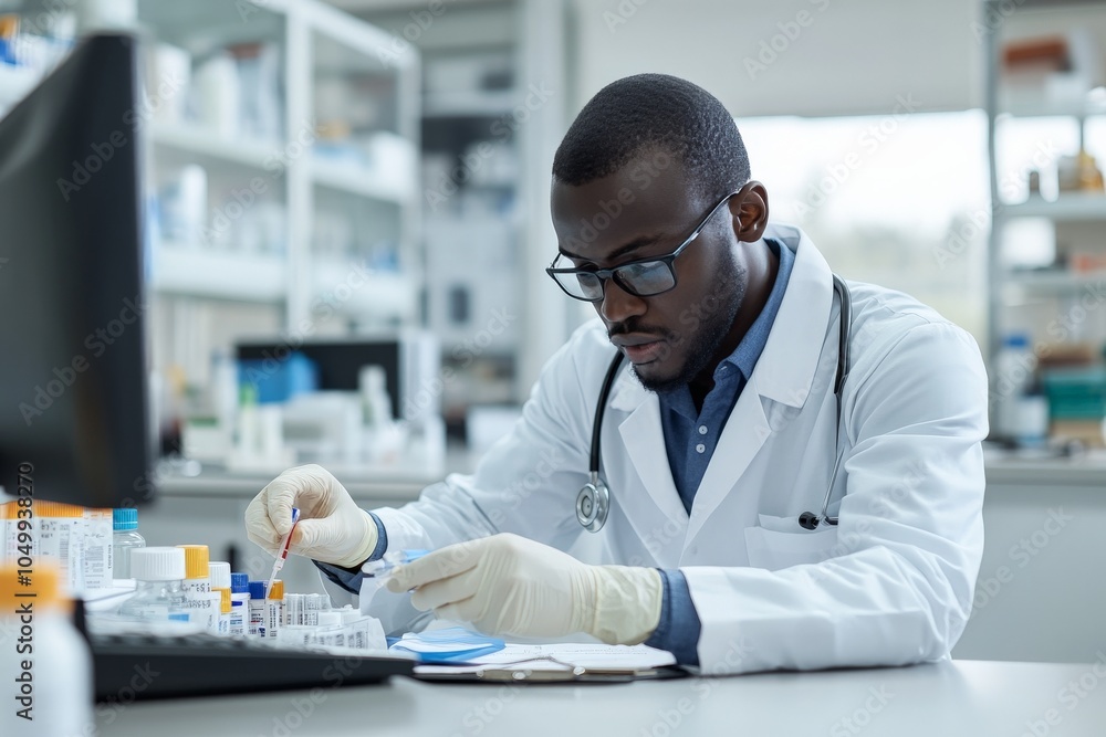 Poster a scientist in a laboratory is carefully handling test samples with precision and focus, wearing a w