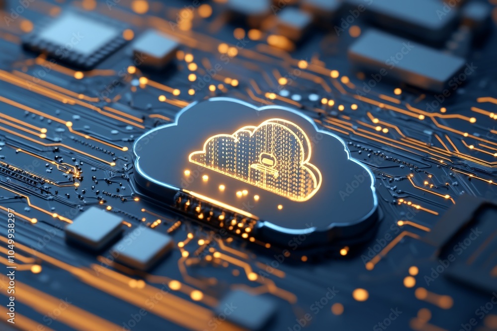Poster a digital circuit board featuring an illuminating cloud shape, symbolizing cloud computing and techn