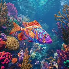 Capture a tilt angle view of a colorful coral fish in a vibrant reef setting, rendered in a realistic digital illustration