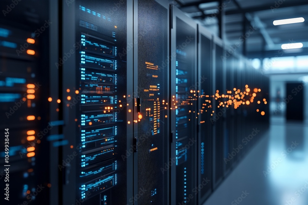 Poster rows of modern server racks displaying vibrant data lights and wiring density, reflecting the vast, 